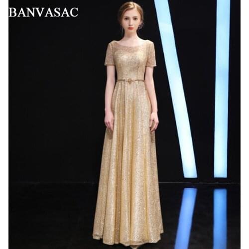 BANVASAC 2018 O Neck Sequined A Line Long Evening Dresses Lace Short Sleeve Party Crystal Sash Backless Prom Gowns