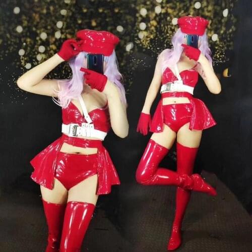 Bar Women Singer Dance Costume Red PU Leather Bikini Caps Set Dancer Team DJ Jazz Modern Dance Outfit Sexy Nightclub Clothes
