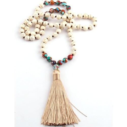 Free Shipping Fashion Long Knotted White Stones Bohemian Tribal Jewelry Green Natural Stone Pendant Necklace