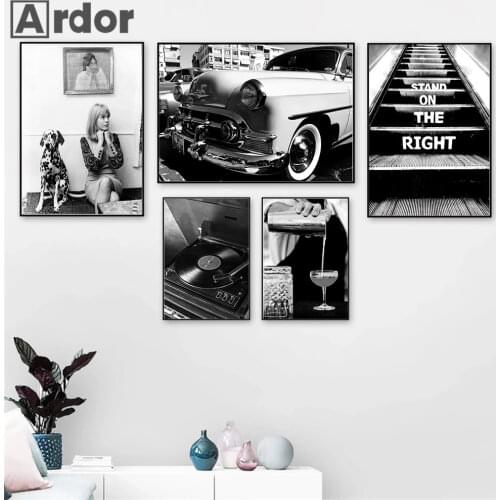 Black and White Phonograph Vehicle Wine Art Print Fashion Girl Dog Photo Wall Art Poster Stairs Quote Canvas Painting Home Decor