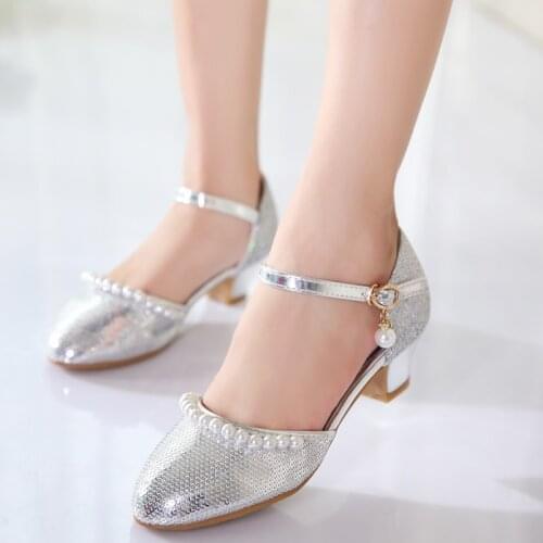 Kids high heels shoes, piano performance, silver shoe girl crystal shoes