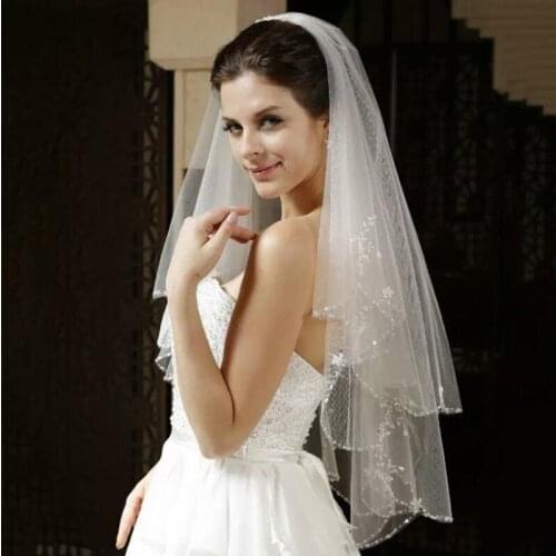 Wedding Veil Two Layer Accessories With Metal Comb Fingertip Veil Bead Edge Polyester Leaf Type Luxurious Extravagance