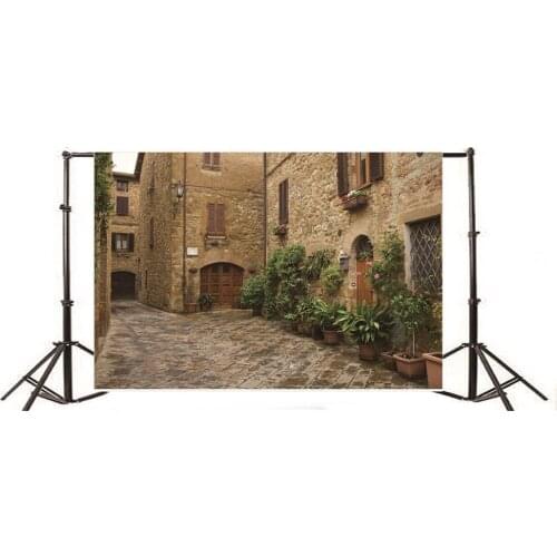 Photography Backdrop Italy Narrow Street Green Plants Fresh Flowers Ancient Brick Stone House Grunge Floor Nature Travel