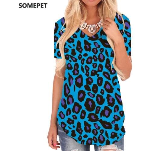 SOMEPET Leopard T Shirt Women Cheetah V-neck Tshirt Harajuku Funny T shirts Casual Shirt Print Womens Clothing Fashion Printed