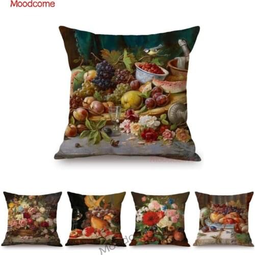 Classic Still Life Oil Painting Rose Tulip Grape Fruits Bird Flowers Vase Art Car Pillow Cover Cotton Linen Sofa Cushion Cover