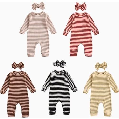 Pudcoco Newborn Baby Girls Long Sleeve Romper Horizontal Stripe Printing Classic Round Neck Ribbed Closing Sping Clothing 0-18M