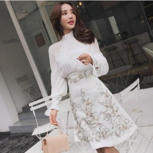 ZAWFL Runway Autumn Skirt Suits Womens Sheer Lantern Sleeve Bows Chiffon Blouses Tops + Vintage Beaded Flower Appliques Skirts