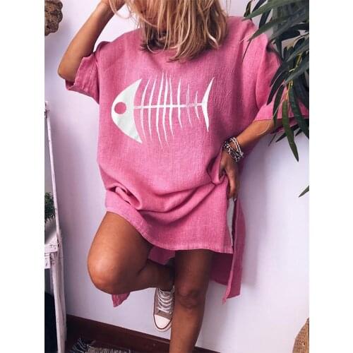 Summer womens dress 2021 Popular cotton hemp round neck T-shirt short skirt womens loose casual fish bone print dress