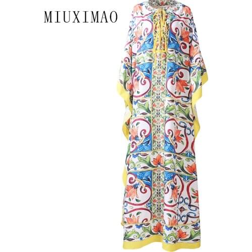 MIUXIMAO Plus Size Dress High Quality Maxi Dress Women Half Sleeve Elegant Flower Print Vintage Long Dress Women