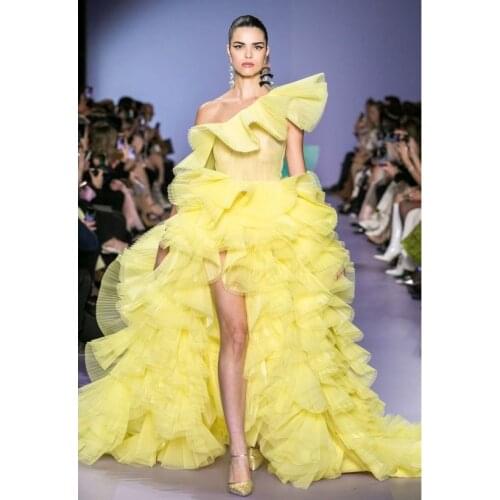 Fashion Yellow Ruffles Tulle High Low Evening Party Dresses One Shoulder Draped Mesh Tulle Long Prom Gowns