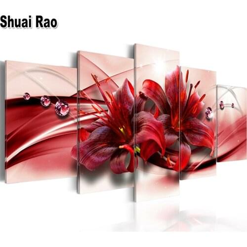 5 Pieces diamond painting Cross Stitch Pink Lily Flowers Full Square Round diamond embroidery Crystal mosaic Plant Wall Art