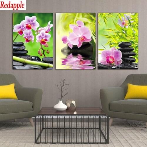 Orchid Flower Bamboo Stone 3 Pieces set Full square Round Drill Diamond Painting Embroidery Mosaic Home Decoration Handmade Gift