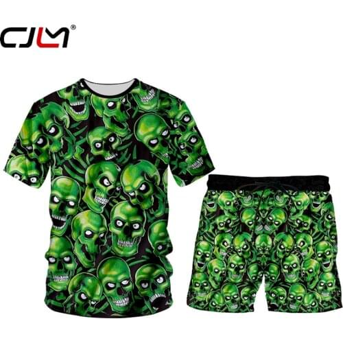 CJLM 3D digital printing Set Outdoors Quick Drying Green skull Short Sleeve 2 Piece Set Tank Tops and Shorts Men Breathable
