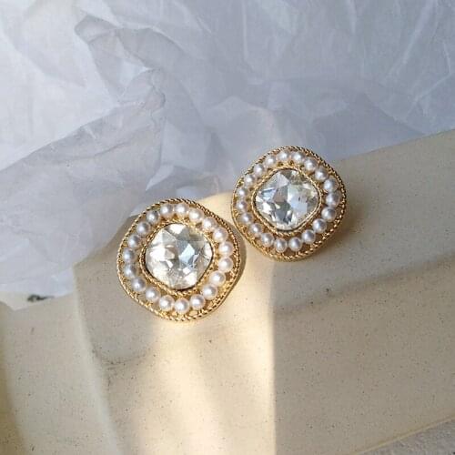 Simple Imitation Pearls Big Square Clips Earrings Vintage Rhinestone Earrings