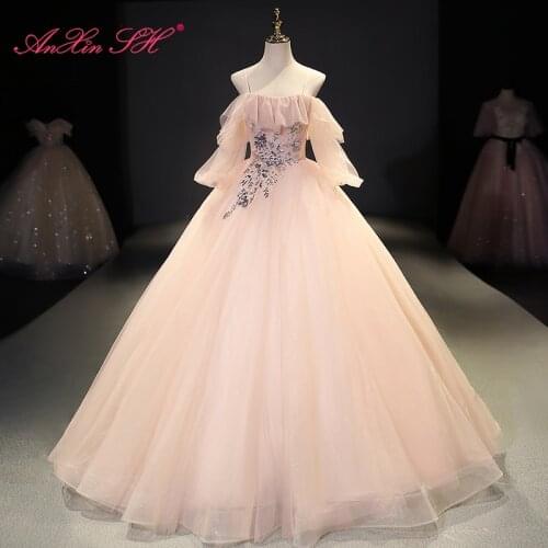 AnXin SH princess pink lace beading sequins spaghetti strap ruffles bride stage party host ball gown illusion evening dress