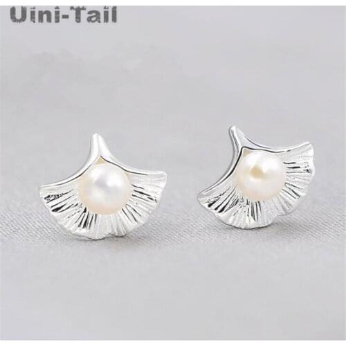 Uini-Tail hot new 925 sterling silver fashion ginkgo leaf pearl earrings sweet trend girl heart hypoallergenic jewelry ED140