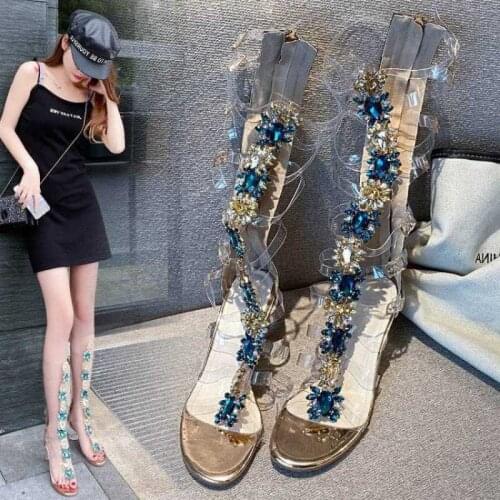 Disney childrens cartoon crystal sequins princess long tube sandals boots girls fashion roman shoes high heel trend shoes