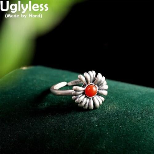 Uglyless Popular Instagram Icon Daisy Jewelry for Women Thai Silver Flowers Rings 925 Silver Natural Agate Floral Rings Gemstone