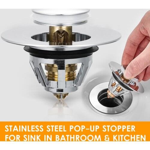 Stainless Steel Pop-Up Drain Filter Universal Push-Type Bounce Core Stopper Sink Drain Plug with Anti-Clogging Strainer Basket