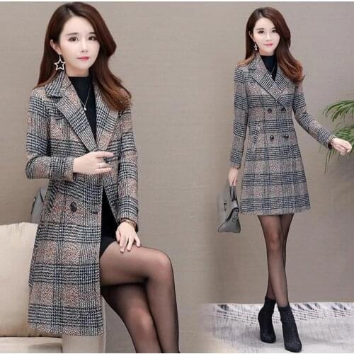 Autumn Winter Jacket Women Woolen Coat Lattice Overcoats Plus Size 5XL Mid Long Casual Wool Blended Mujer Coats Warm Outerwear