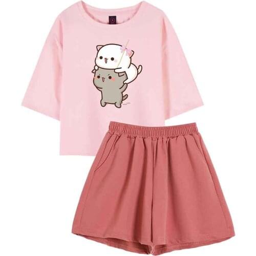 Short Sleeve Tees Pajama Set Women Shorts Two Bears Graphic Print T-shirt Sleepwear Women Cute Two Piece Set Summer Fashion Suit