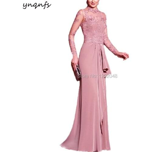 Beaded Lace Appliques Chiffon Ruffles Elegant High Neck Long Sleeve Mother of the Bride Dresses Outfits YNQNFS MD238