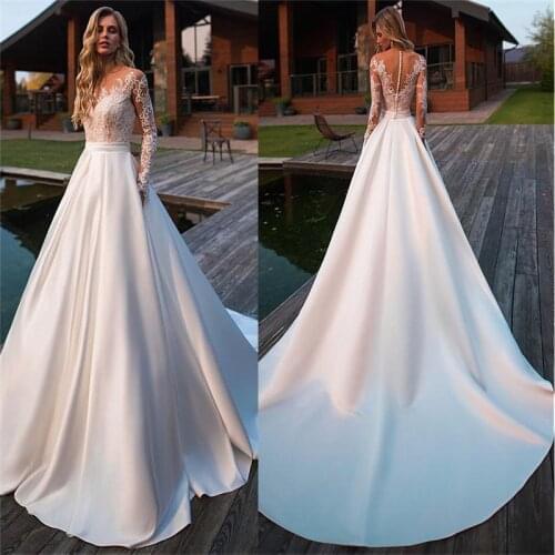 Sheer Long Sleeves Satin Lace Wedding Dresses Bridal Gowns Custom Made Lace Appliques Robe De Novia Simple