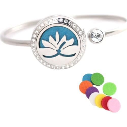 10Pcs Lotus Flower Bracelet Bangle Aromatherapy 25mm Magnet Crystal Stainless steel essential oil diffuser locket bracelet