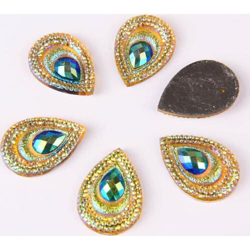 BOLIAO 20Pcs 17mm*24mm Water Drop Shape Resin Peacock Eyes Flat Back Glue on Bags/Wedding Dress Decoration Craft DIY R263