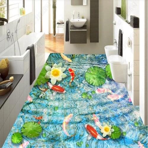 Beibehang Lotus koi water pattern floor waterproof self-adhesive bedroom 3D floor tiles Custom home bathroom 3D wallpaper