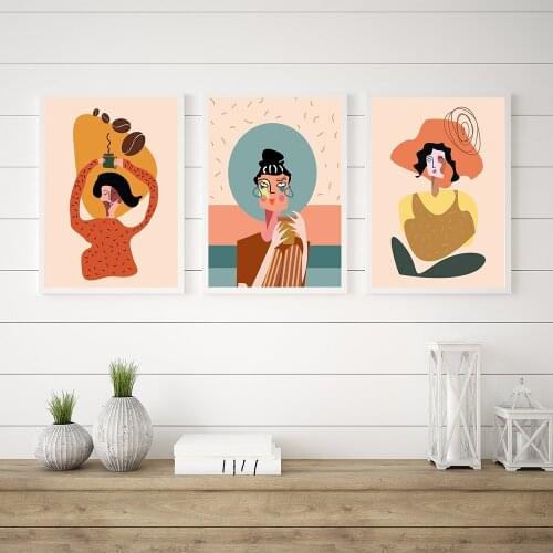 Abstract Woman Prints Coffee Poster Modern Boho Canvas Painting Nordic Minimalist Girls Wall Art Pictures For Living Room Decor