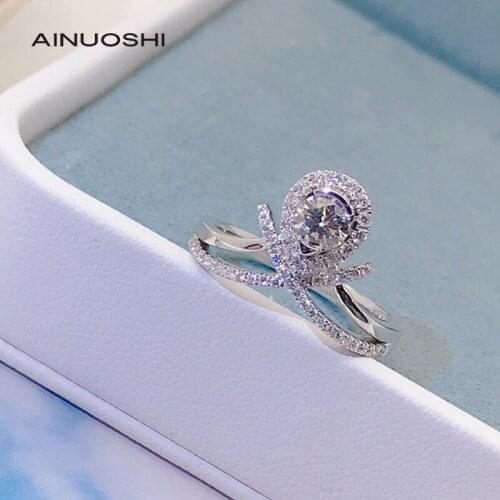 AINUOSHI Handmade 18k White Gold Round Cut 0.03ct Real Diamond Wedding Engagement for Women Trendy Split Shank Rings Jewelry