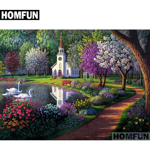 HOMFUN Full Square/Round Drill 5D DIY Diamond Painting "Spring Swan Lake" Embroidery Cross Stitch 5D Home Decor Gift A01576