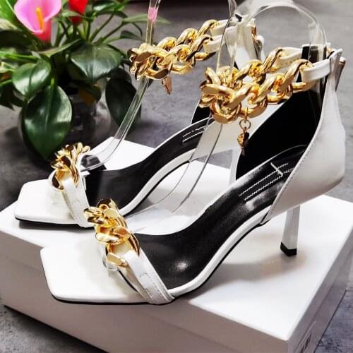 Summer sexy lady Casual fashion women shoes white chains strappy ankle wrap peep toe high heels sandals large size 43
