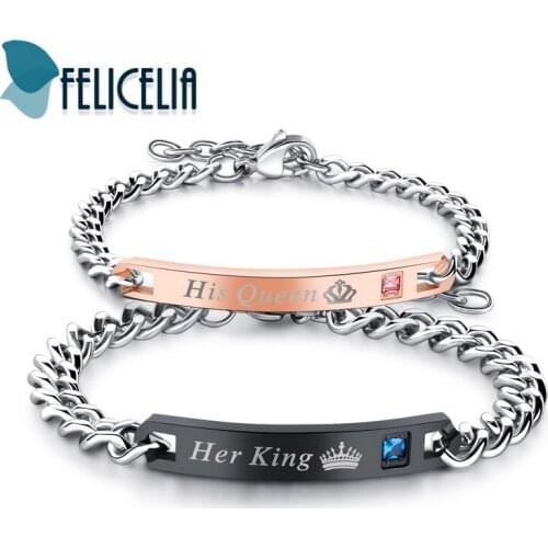 Felicelia His Queen and Her King Matching Couple Bracelet Promise Jewelry Black / Rose Gold Color Stainless Steel Chain Bracelet