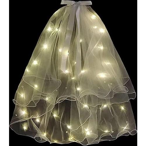 2021 New LED Luminous Veil Length 80cm Light Up Glowing Yarn Fairy Ribbon Bow Veil with Lights Strings For Party Wedding Bridal