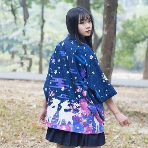 Japanese loose bathrobe Sakura deer flower Blue color haori summer Sunscreen kimono Literature and art cosplay women Chiffon