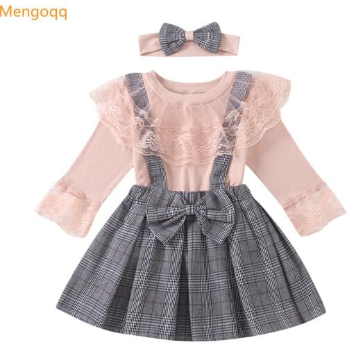 Girl European and American grid strap bow lace lace skirt pants set cute sweet 1Y-6Y