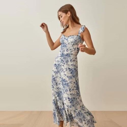 Summer Vintage French Style Blue White Floral Women Dress 2021 Spliced Ruffles Hem Tie Bow Strap Sleeveless Beach Dress Holiday