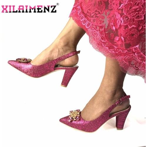 2019 New Italian Ladies Sexy High Heels Pumps Fuchsia Rhinestones Design Ladies Women Pumps African Sandal Shoes for Parties
