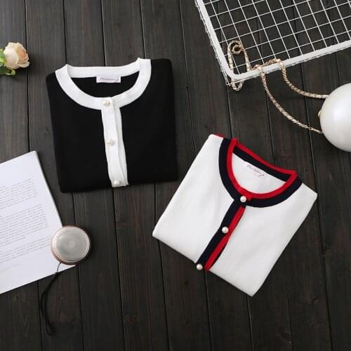 Autumn new design womens o-neck long sleeve color block stripe patchwork knitted pearl buttons cardigan coat sweaters MLXL