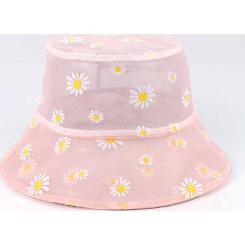 Summer Daisy Flower Embroidery Mesh Bucket Hat Sunscreen Beach Panama Lace Transparent Net Gauze Breathable Fisherman Cap