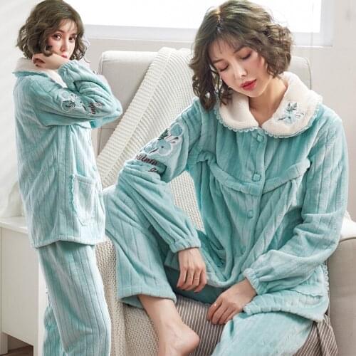 Maternity Extra Thick Pajamas Flannel Cardigan+Trousers Pregnant Women Nursing Bedgown Set Turn-down Collar Nightgown
