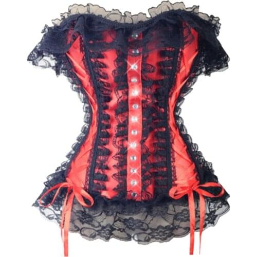 Sexy Women Lace Corset Lace Up Satin Boned Overbust Plus Size Corset and Bustier Ruffled Lingerie Top Shaper Red