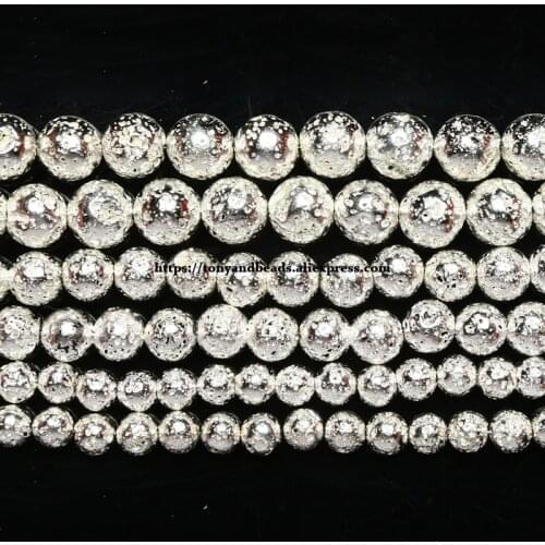 Natural Stone Silver Plated Volcano Lava Round Loose Beads 15" Strand 4 6 8 10 12MM Pick Size For Jewelry Making