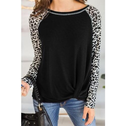Round Sleeve 2020 Long Neck Leopard T-shirt Hem Kink Top Autumn Womens Wear