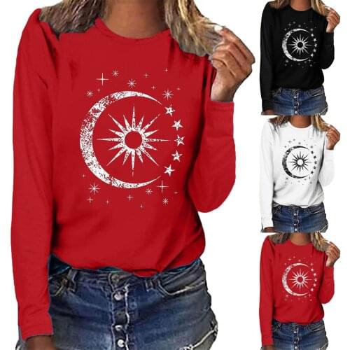 Women Casual Long Sleeve Round Neck Sun Moon Star Printing T-shirt Solid Color Blouse Top Daily All-match Girls T-shirt Top