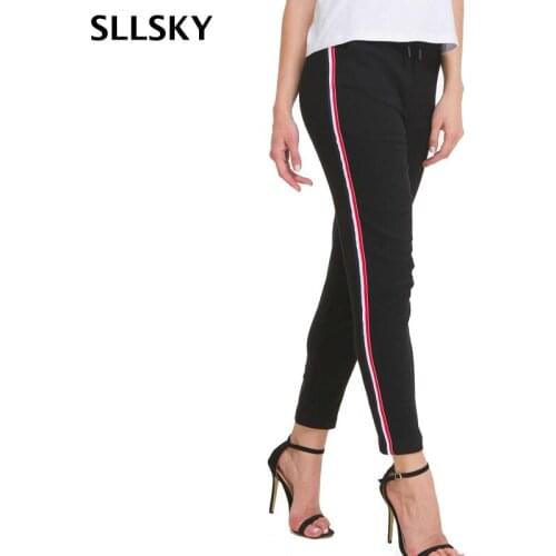 SLLSKY Women Side Strape Casual Pants Hight Waist Drawstring Pencil Pants Solid Slim Ankle-Length Spring Autumn Jogging Pants