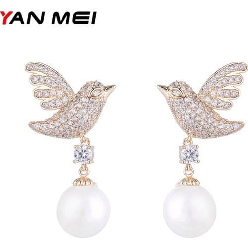 YANMEI Imitation Pearls And Fly Birds Stud Earrings For Women Cubic Zirconia Insect Tiny Fashion Jewelry YME7771