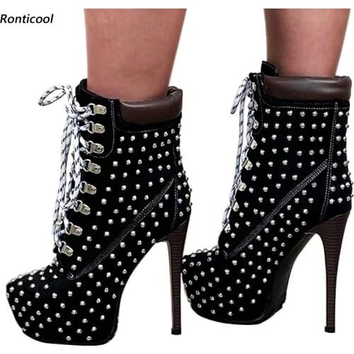 Ronticool Handmad Women Winter Platform Ankle Boots Sexy Studded Lace Up Thin High Heel Round Toe Black Shoes Plus Size 45 47 52